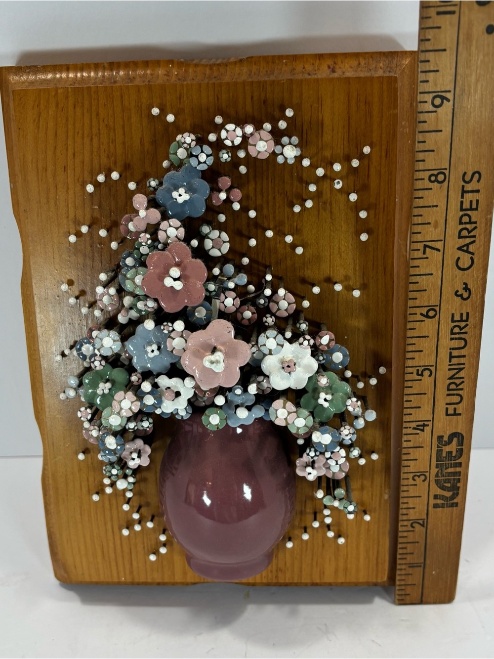 Nail Art Wall Hanging Brutalist Floral Wood Pauline A. Owens 1977 9” Pol-O-Craft - Picture 8 of 9